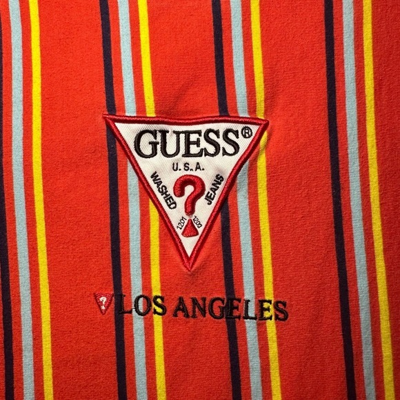 Guess‎ Los Angeles T-shirt Men XL Orange Retro Striped Triangle Embroidered Logo - Picture 3 of 11